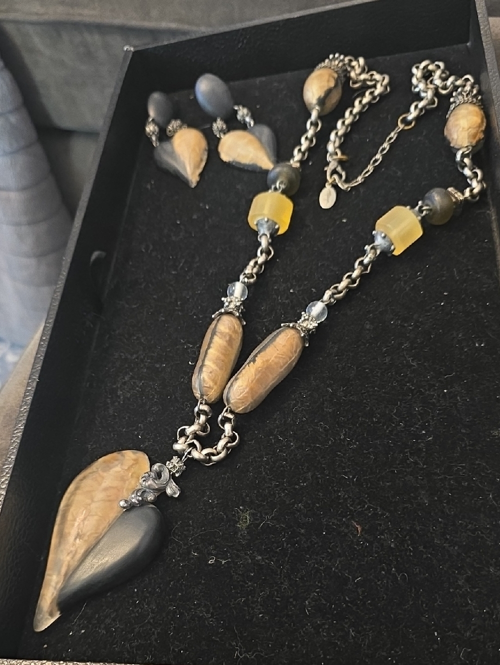 Maya Two-Tone Heart Pendant Necklace and  Clip Earring Set in Tan and Black